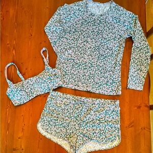 Athleta Swim - Floral Lavender, Green & White Board short, bikini top, rash